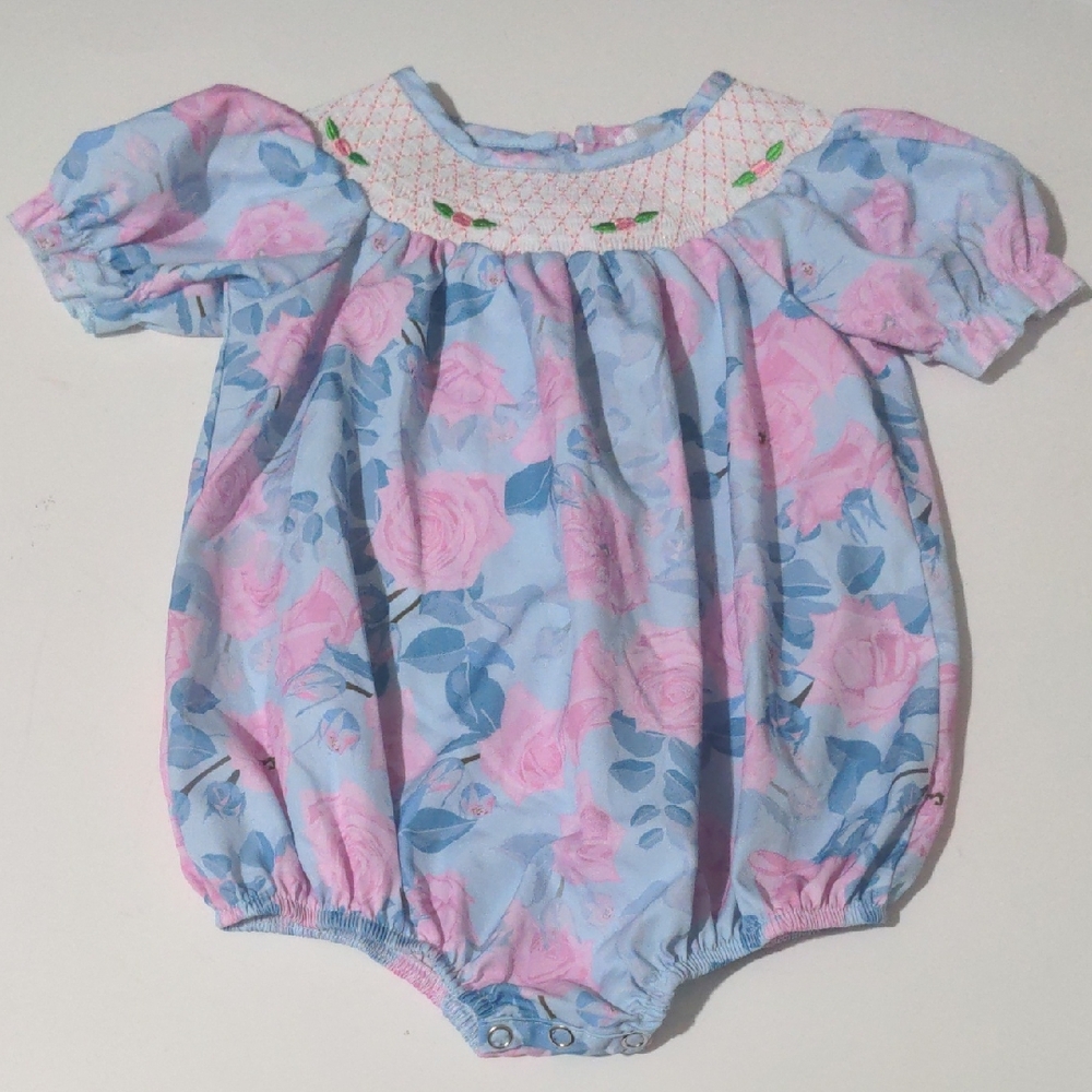 Marie Nicole Pink & Blue Floral Smocked Short Sleeve Bubble Size 18-24 Months